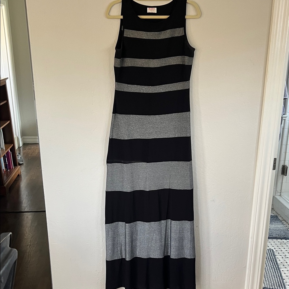 Lena Edmiston maxi silver lurex and black stripe dress with stretch